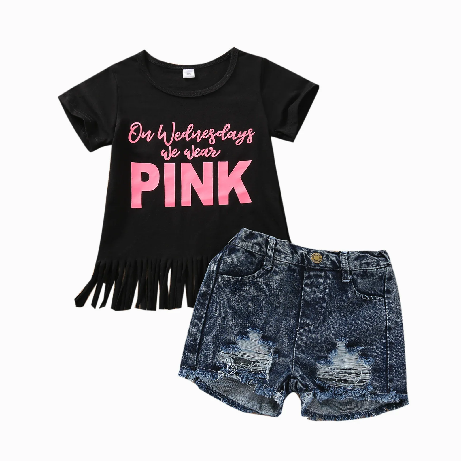 

2021 Summer New Children Clothes For 1 Year Baby Girl Letter Print T Shirt Denim Shorts Outfits Baby Girls'Clothing Sets, Black