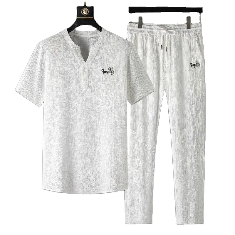 M-4XL Men's Leisure Sets Sports Set for Men Loose Lapel Short Sleeve T-shirt and Pants Sets Student Leisure Drawstring Trousers