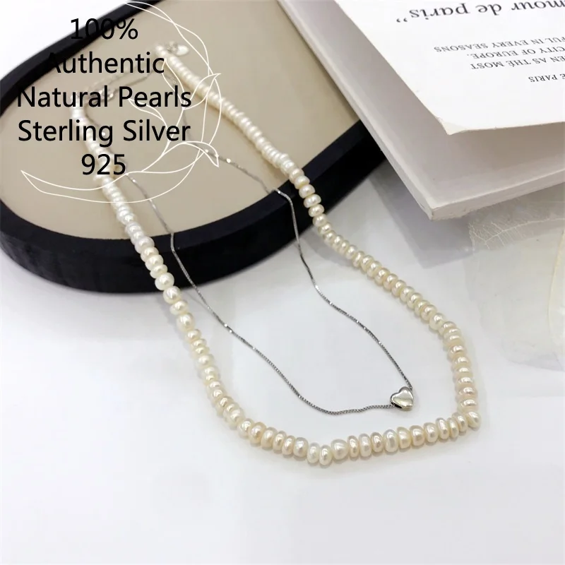 

Korean Collarbone Cadenas de Plata Ley 925 Sterling Silver Box Chain Heart Choker of Freshwater Natural Pearl Layering Necklaces