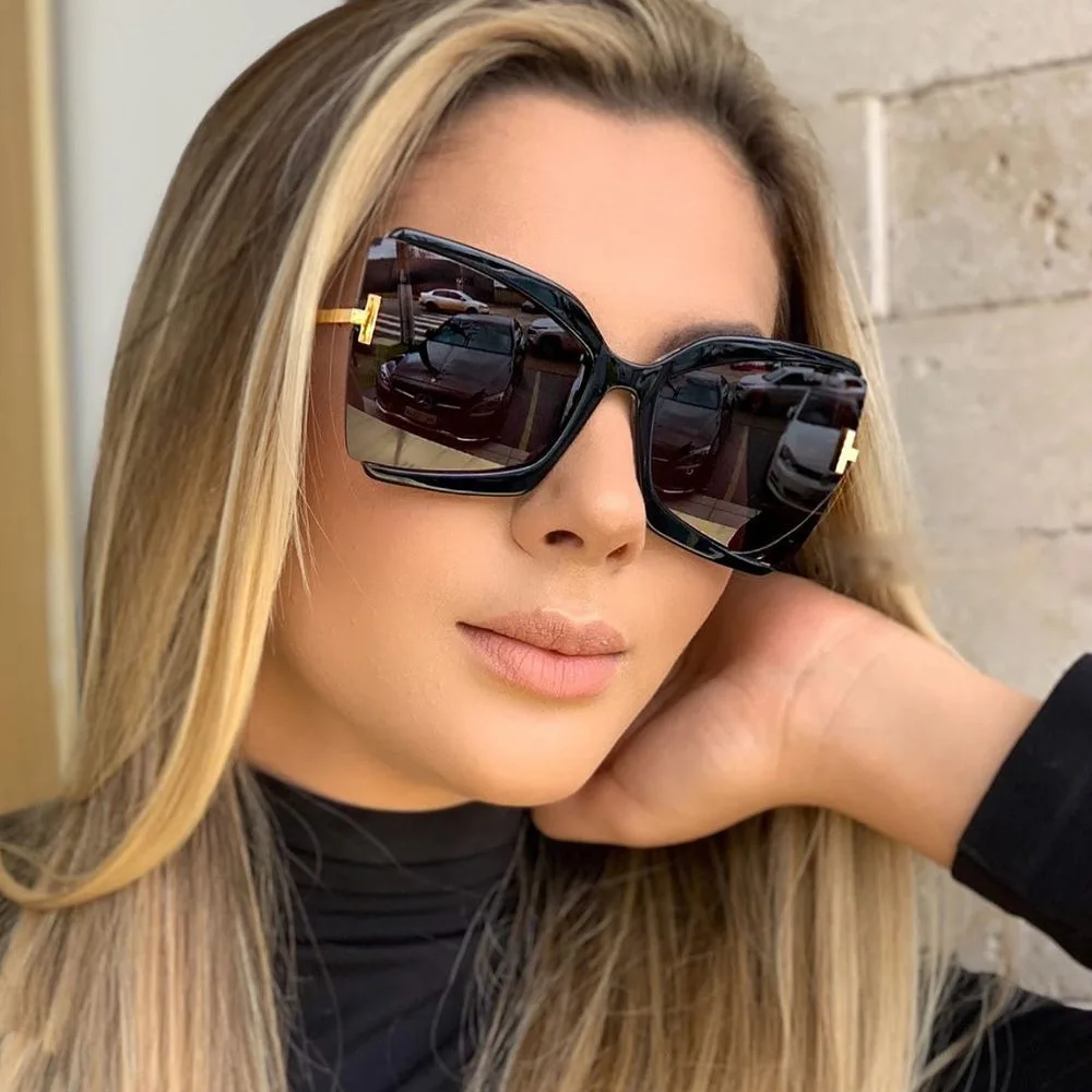 

2021 big frame T word dazzle color cat eye fashion oversized sunglasses