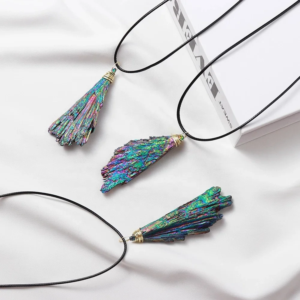 

Mineral Collection Necklace Plated Rainbow Tourmaline Raw Stone Feather Shape Pendant Necklace Jewelry For Women