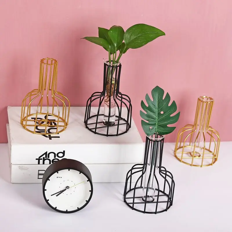 

New golden glass test tube green plants hydroponic iron art ornaments aquatic flower arrangement container decorative vase, Black and gold