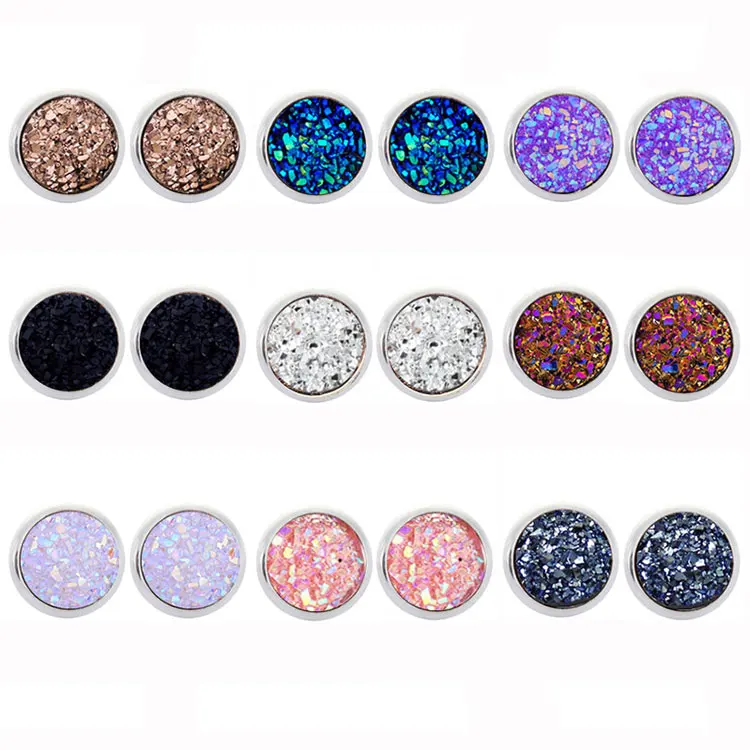 

Fantasy Starry Sky Glitter Resin Drusy Stud Earrings Women 12mm Round Gypsophila Time Gem Stainless Steel Stud Earrings for Kids
