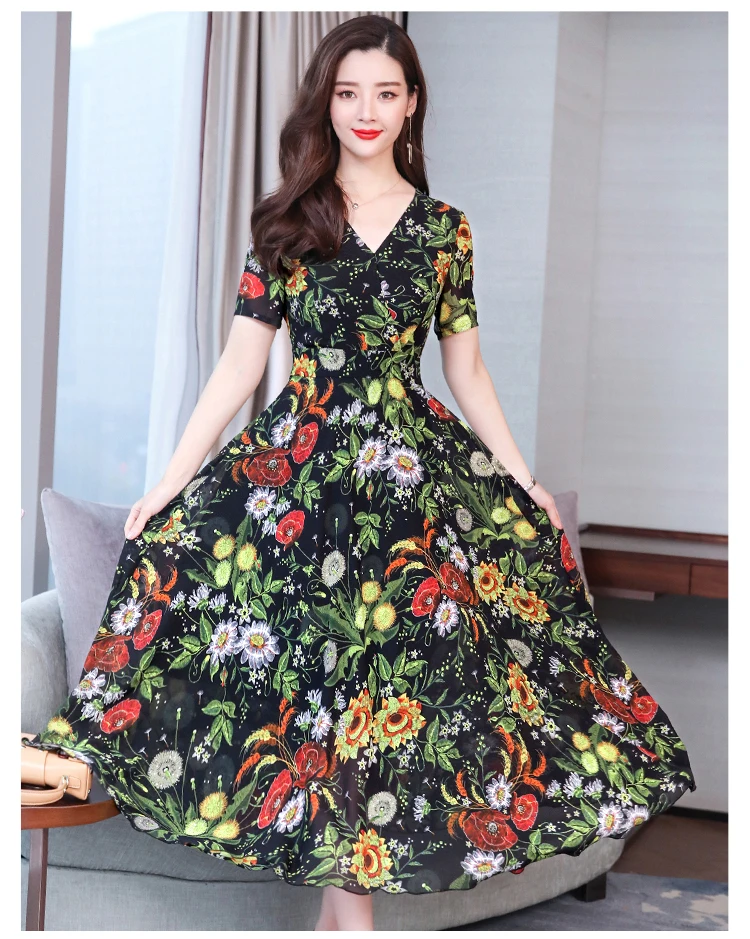 

Printed chiffon dress female summer mid-length waist V-neck short sleeve fairy dress