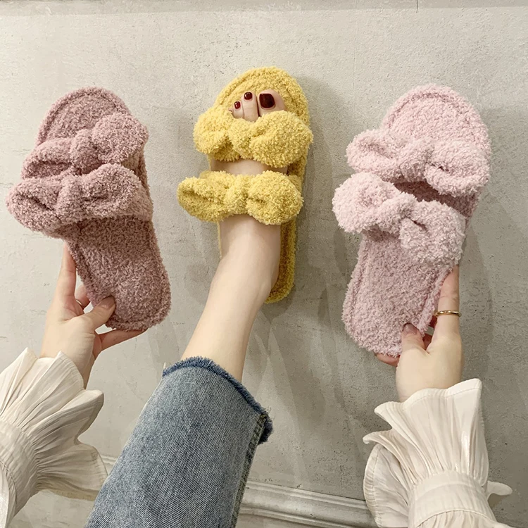 

Cute fur slippers female autumn and winter fashion indoor home wood floor mute plush fur slipper with bowknot, Light brown, dark brown, white pink purple