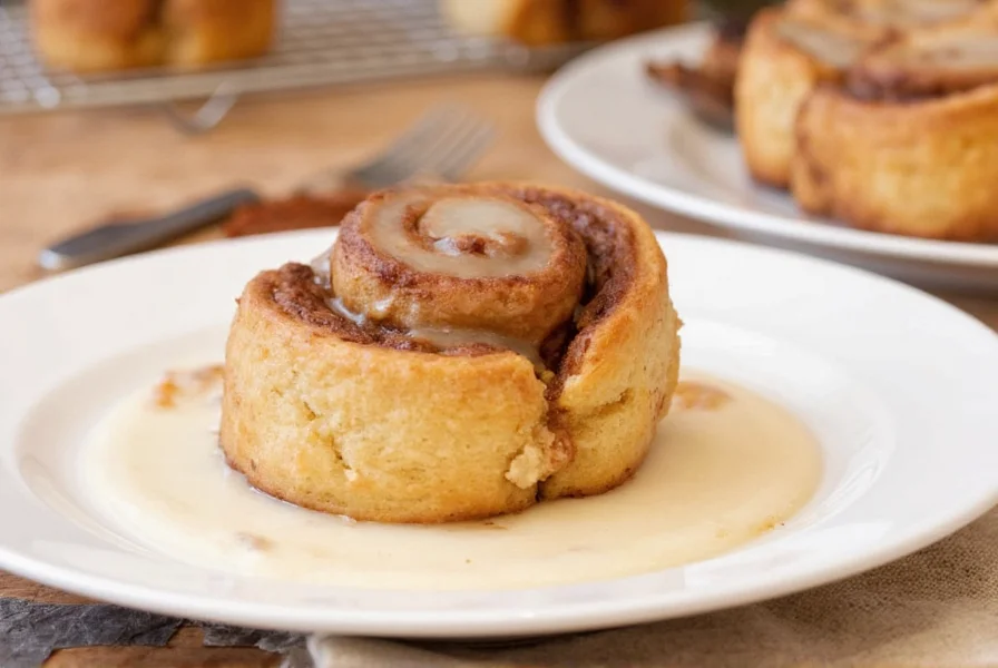 Freshly baked Trader Joe's cinnamon rolls with melted icing on white ceramic plate