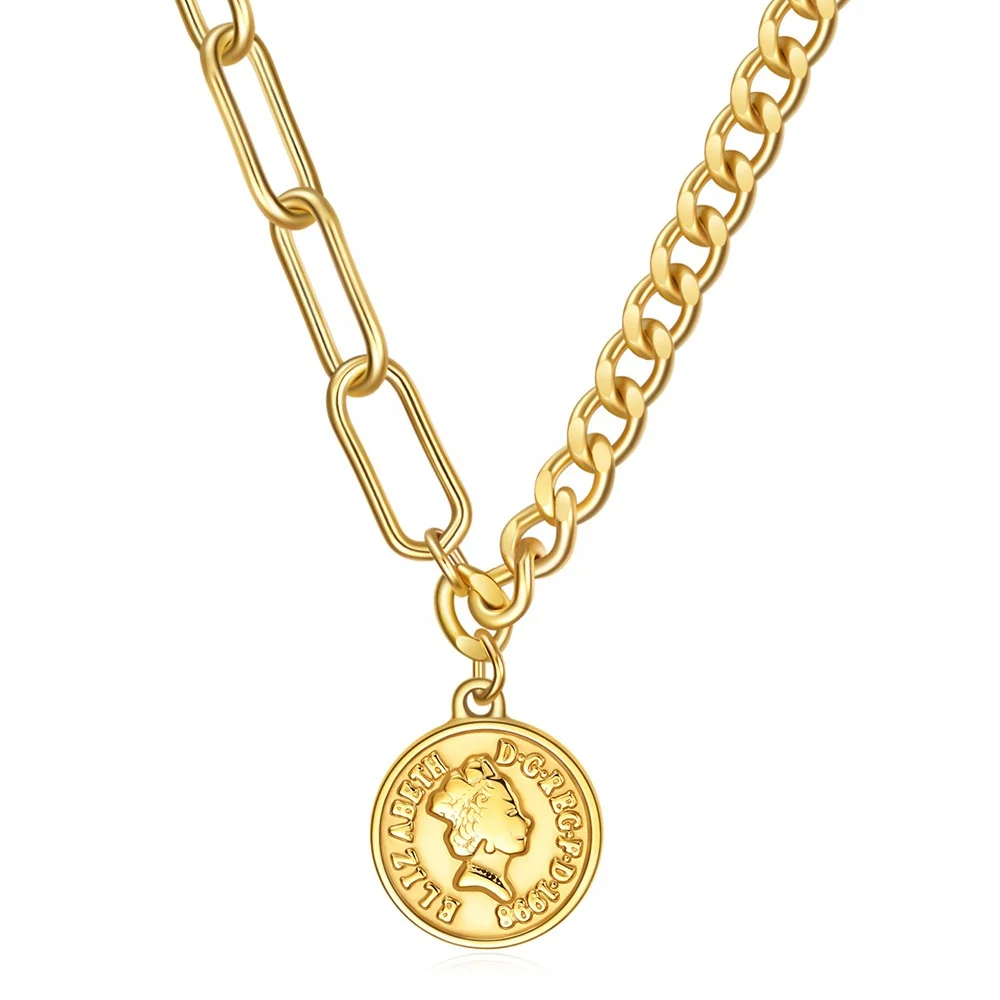 

MECYLIFE Personalized 7MM Chain Necklace Stainless Steel Coin Charm Necklace Fashion Elizabeth Queen Necklace, Steel,gold