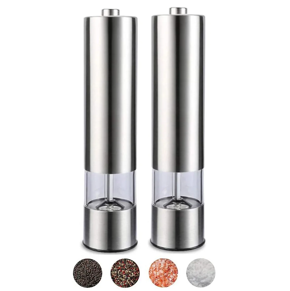 

NEW Kitchen Gadgets Automatic Refillable Battery Operated Stainless Steel Spice Mills Gravity Electric Salt and Pepper Grinder, Silver