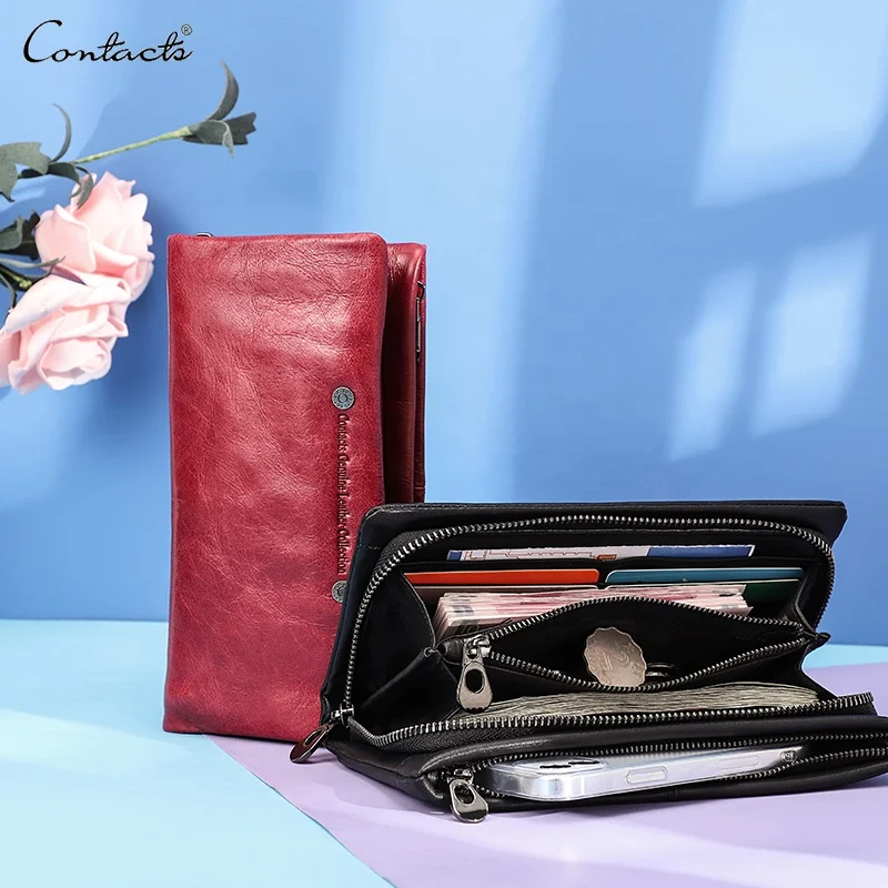 

Wholesale Women Full Grain Leather Casual Zip Around Large Long Mobile Phone Clutch Wallet with Wristlet Strap Coin Purse, Black red