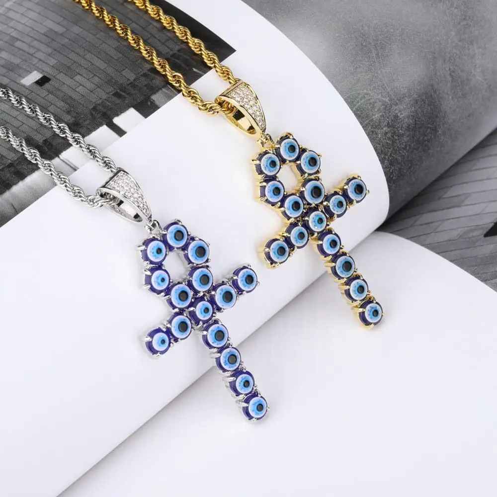 

Newest Iced Zircon Blue Eyes Ankh Cross Pendant Necklace Copper CZ Egyptian Key of Life Pendant Necklaces Hip Hop Jewelry, Gold/silver