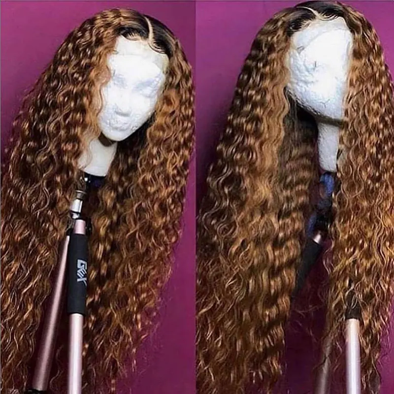 

13x5x1 Lace Front Human Hair Wig Deep Wave Curly Two Tone Ombre Color T1B/30 Natural Hairline Blonde Color Lace Ftontal Wig