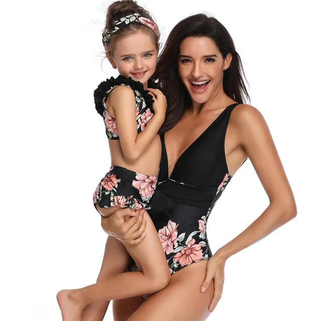 

2021 New Parent-child One-piece Printed Swimsuit European and American Mother and Daughter Swimwear, Picture color