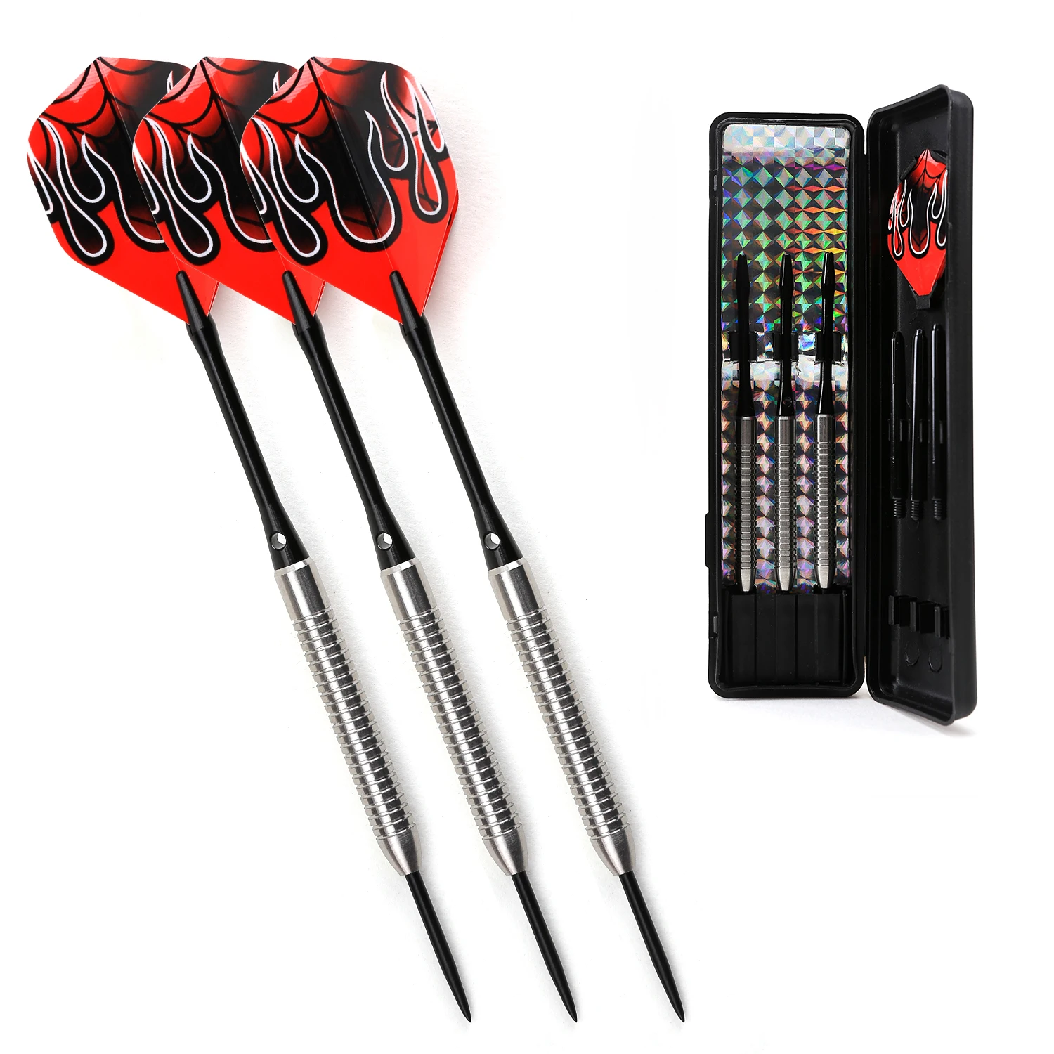 

WIN. MAX 90% tungsten steel darts set used on bristles dartboard with 15 dart blades and 3 black aluminum rods, Multicolor