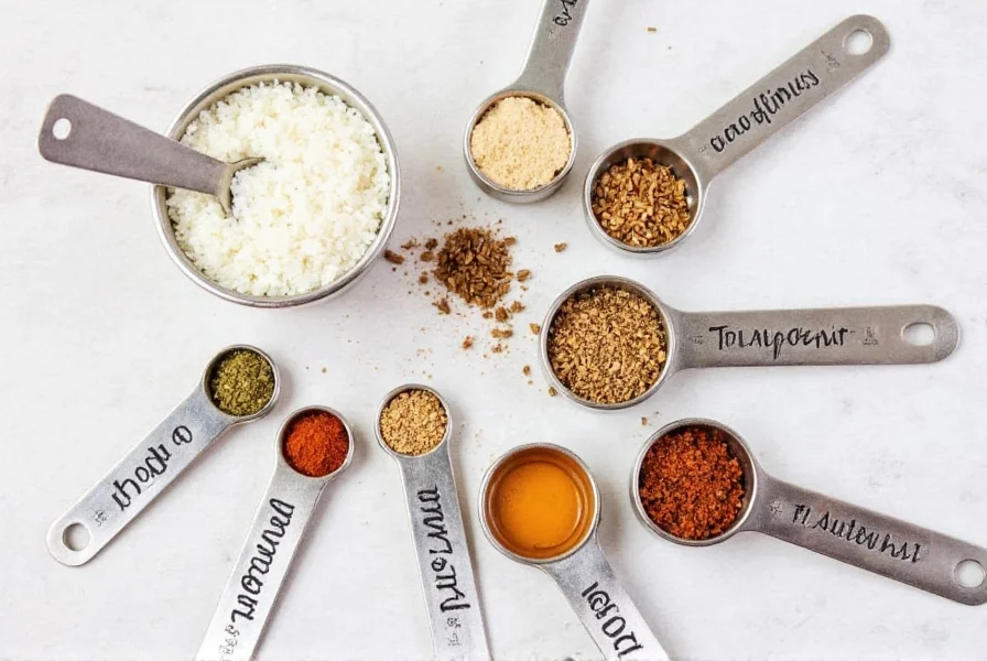 Homemade cumin substitute blend ingredients arranged neatly with measuring spoons showing proper proportions