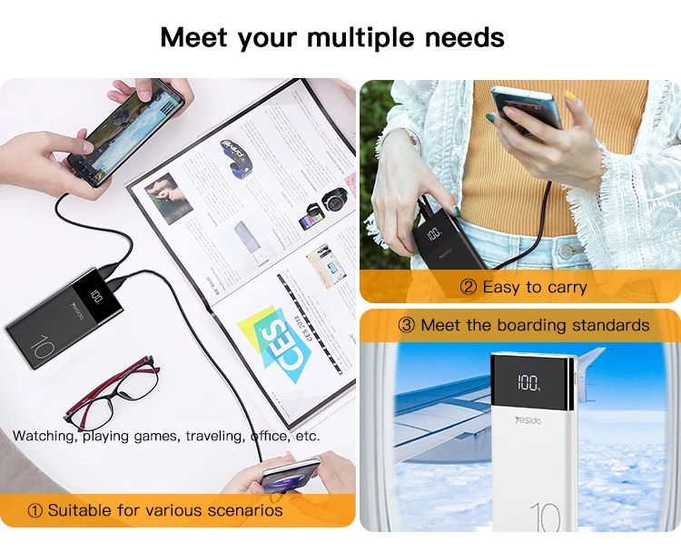 Yesido High Capacity Powerbank Dual Usb Port Mobile Phone 10000Mab Power Bank Portable