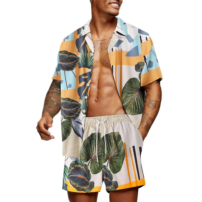 

Beach Holiday Short Sleeve Shirt Beach Pants Two Piece Set Matching Casual Suits Print Mens Shorts Set Summer, Picture color