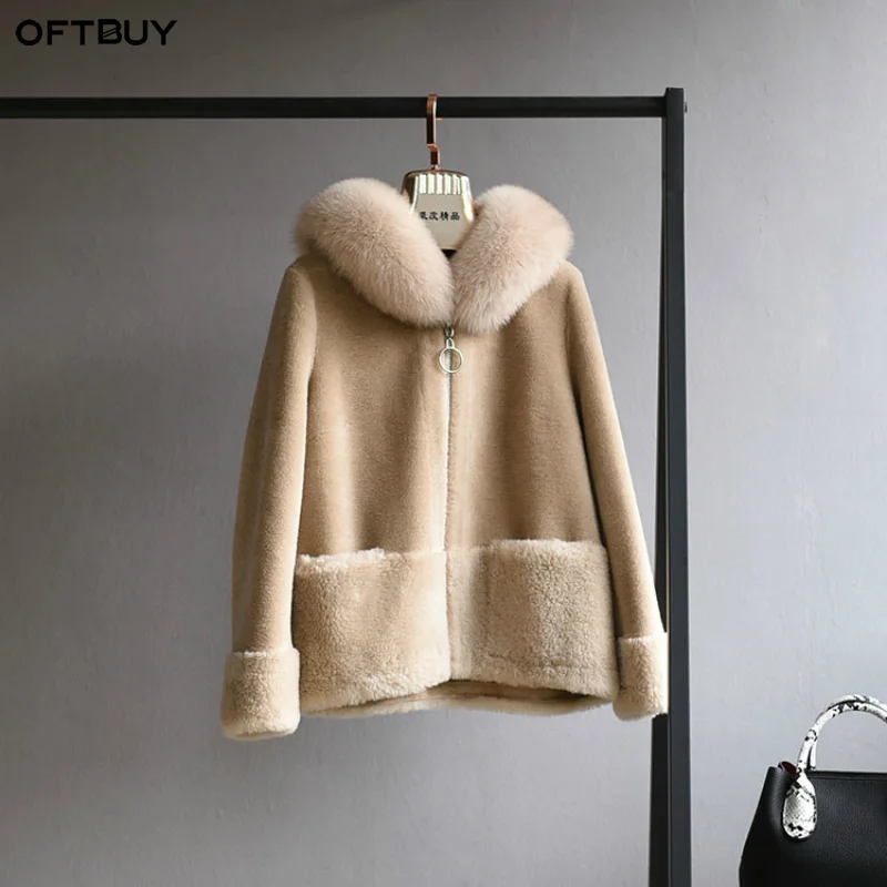 

OFTBUY Real Fur Coat Winter Jacket Women Natural Fox Fur Collar Hood 100% Wool Content Woven Outerwear Teddy Polar Fleece Plush