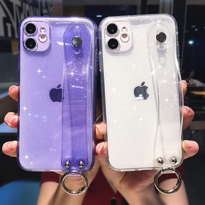 

Transparent Wrist Strap Glitter Phone Case For iPhone 11 11Pro Max XR XS Max X XS 7 8 Plus 12Pro SE 2 12 Stand Holder Back Cover