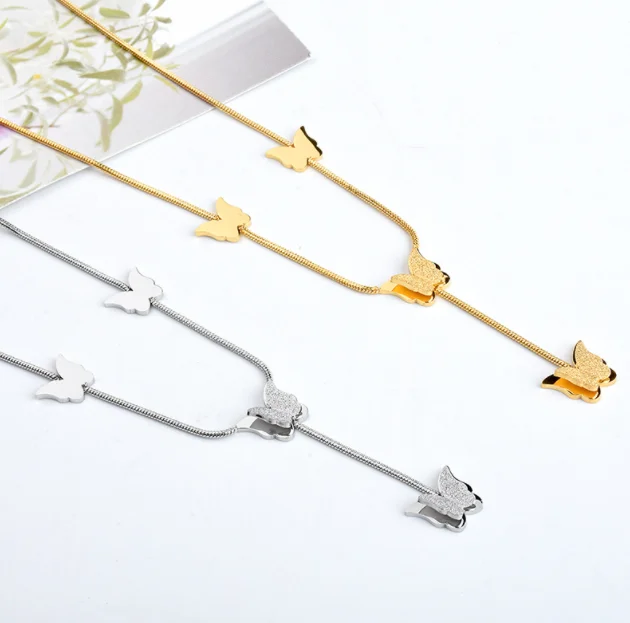 

New double stainless steel round snake bone chain tassel butterfly fashion necklace