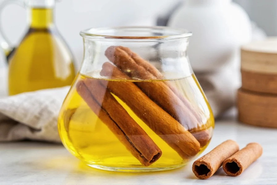 Glass jar with cinnamon sticks submerged in carrier oil for cold infusion method