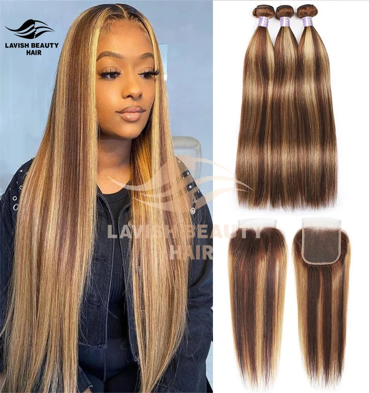 

Lavishbeauty RTS Highlight Straight Hair Bundles With Closure Brazilian Human Hair 4/27 Honey Blonde 3/4 Bundles With Closures