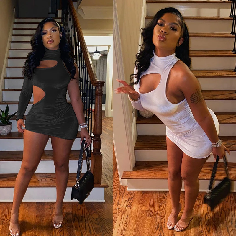 

RTS 2021 spring new velvet sexy hollow-out single sleeve stand collar dress Club women's wear, 2 color