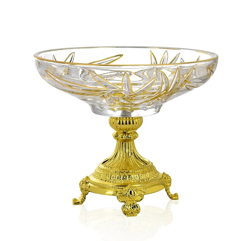 

Crystal bohemia plate golden line rim glass fruit bowl with gold metal base footed, Transparent