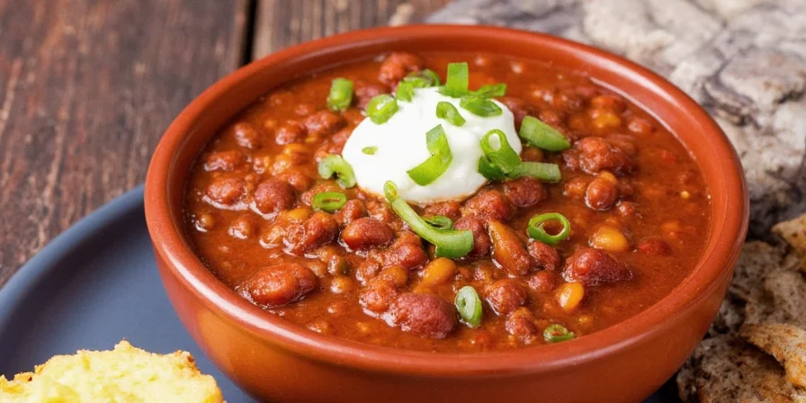 Bowl of chili with sour cream, avocado, cheese, and cilantro topping