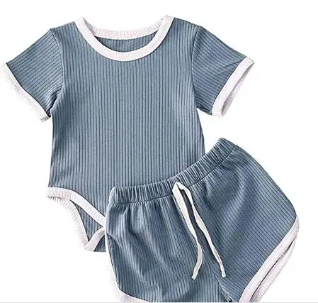 

Q2BABY Newborn Baby Girl Boy Ribbed Knit Cotton Short Sleeve Romper Bodysuit Tops+Summer Short Pants Clothes Outfit 2Pcs Set