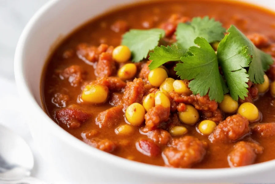 Homemade chili with corn served in white bowl with fresh cilantro garnish and corn kernels visible