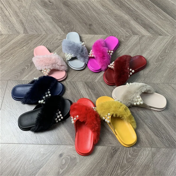 

New Style Custom Indoor Real Fox Fur Open Toe Sandals Pearl Faux Fur Slippers for Women, Customized colors