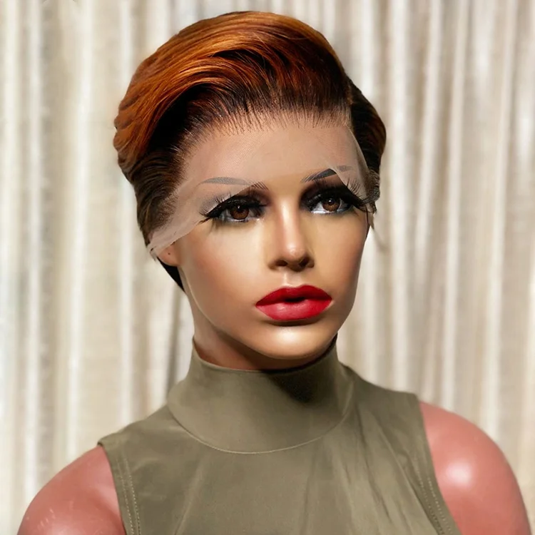 

Short Pixie Cut Wigs Ombre brown Color 150% Density Virgin Brazilian Human Hair Lace Front Wig