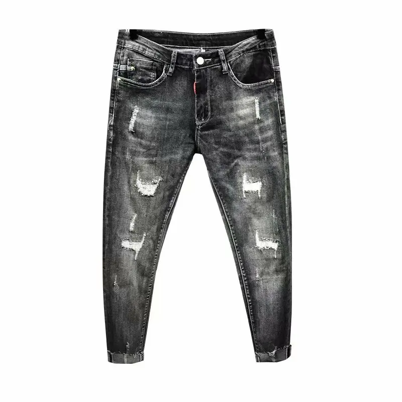 

Autumn hot selling beggars ripped holes casual all-match black tapered trousers mens jeans