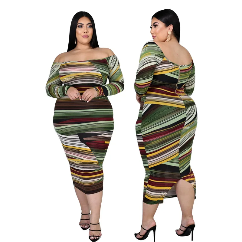 

Women's large dress multi color irregular Stripe Print zipper no belt tight dress, 1color