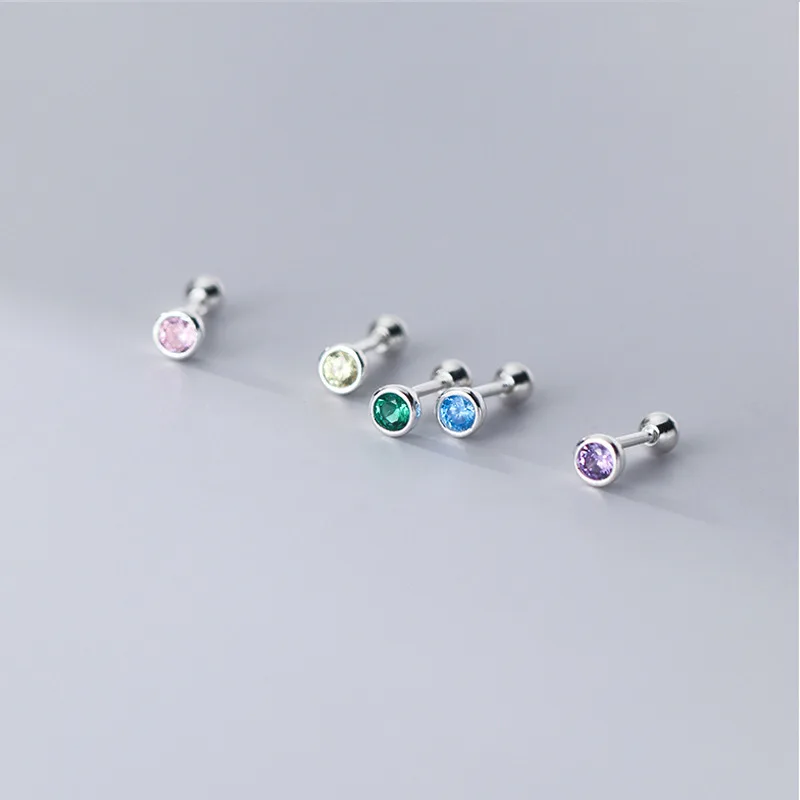 

925 Sterling Silver Small Round Colorful Cubic Zirconia Earings Jewelry CZ Ear Studs Earrings For Women Men