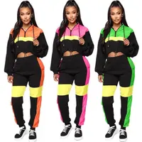 

10590NA Casual Contrasting Color Drawstring Hoodie Women Pants 2020 Two Piece Suit Set Outfits Clothing