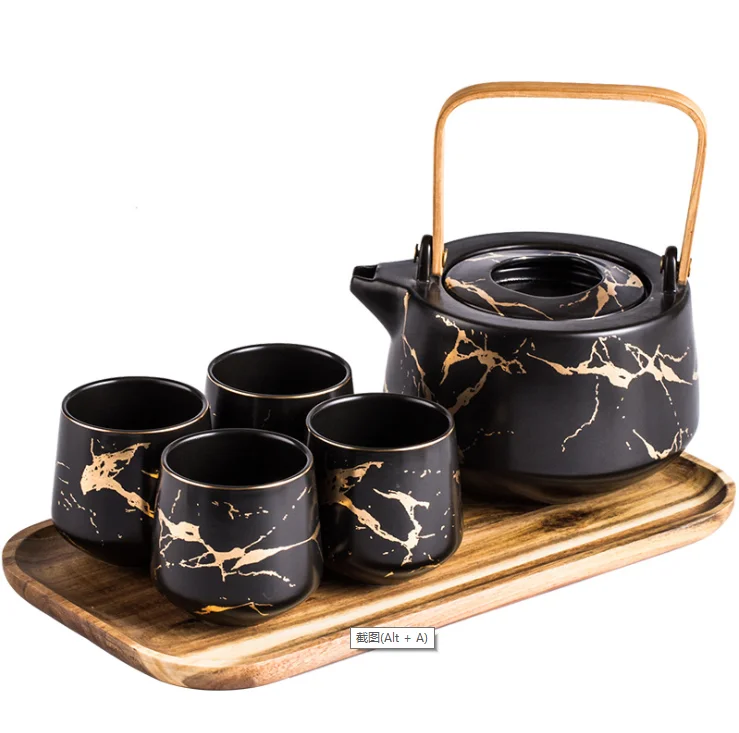 

Wholesale Exquisite Luxury Gold Marble Ceramic Tea Coffee Cup Set With Teapot and Saucer, White black