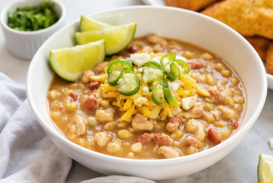 Finished white chicken chili served in bowl with toppings and side of cornbread