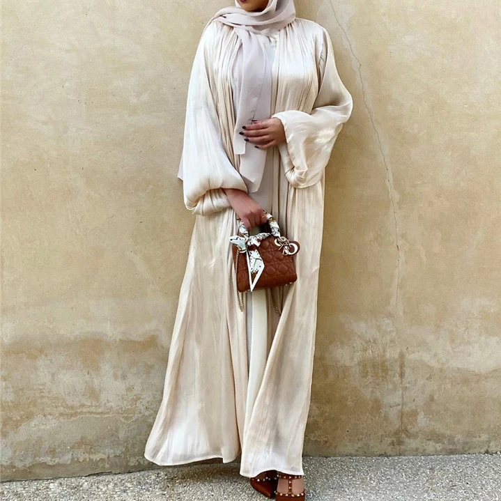 

Open Abaya Dubai Kaftan Dress Puff Sleeves Muslim Maxi Dress Women Satin Silk Islamic Clothing, 6 colors