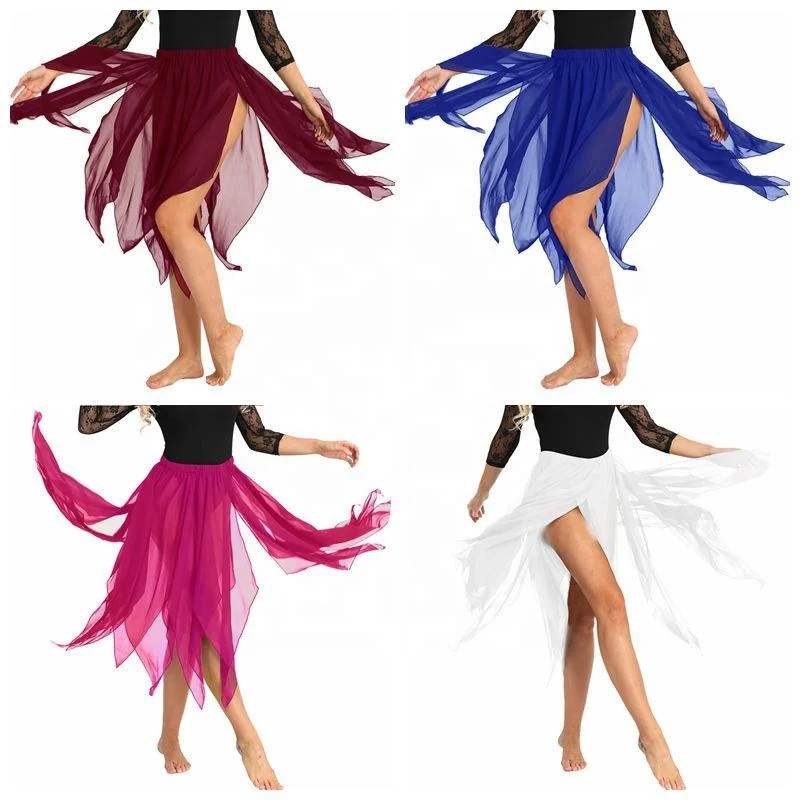 

Adult Women Girls Side Split Asymmetric Belly Dance Chiffon Skirt Performance Dance Skirt
