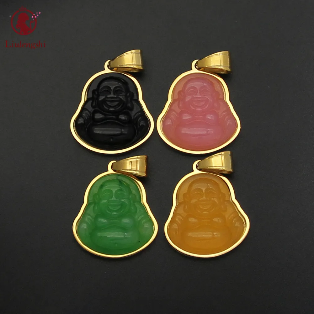 

Multi Color Stainless Steel Malay Chalcedony Buddha Necklace Religious Big Belly Maitreya Buddha Pendant Necklace