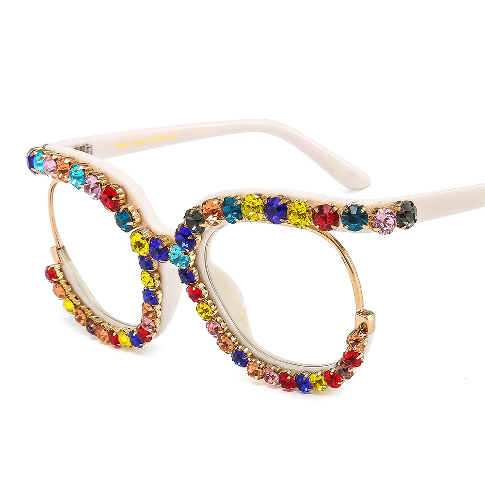 

Colorful Diamond Rhinestone Half Frame Handmade Custom Sparkling Blue Light Blocking Glasses Diamond Eyeglasses Frames