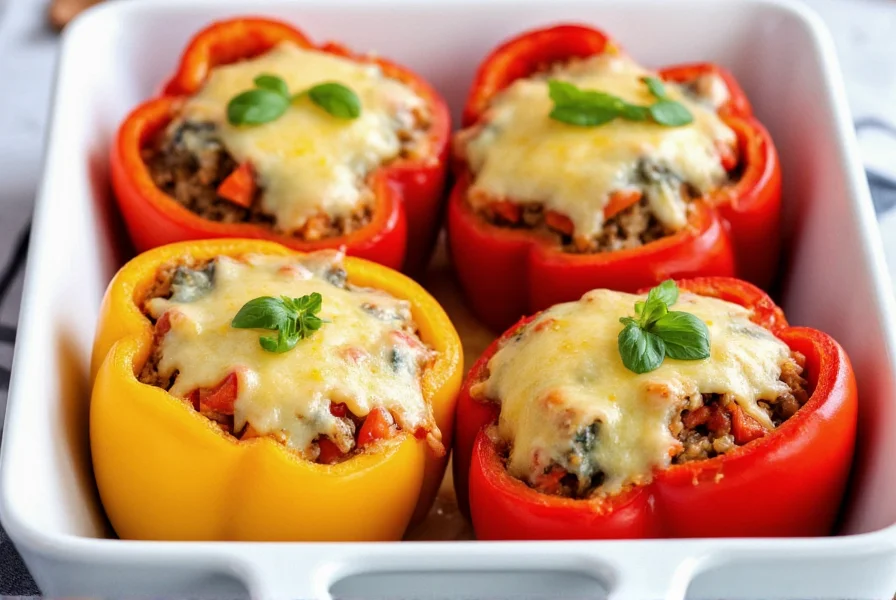 Four perfectly stuffed bell peppers in baking dish with melted cheese topping, fresh herbs, and vibrant vegetable filling visible