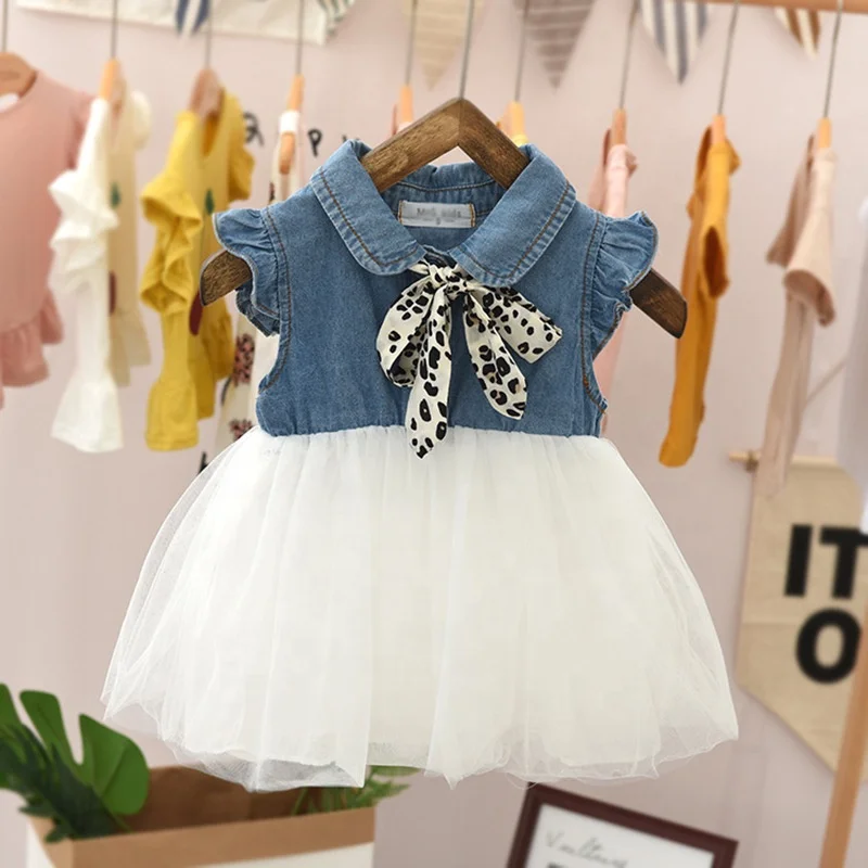 

B52726A 0-3 Years baby girl Korea fashion mesh patchwork lovely denim dress, Shown