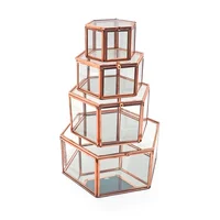 

Wholesale custom vintage small geometric metal trinket box rose gold copper glass jewelry ring display box for wedding favor