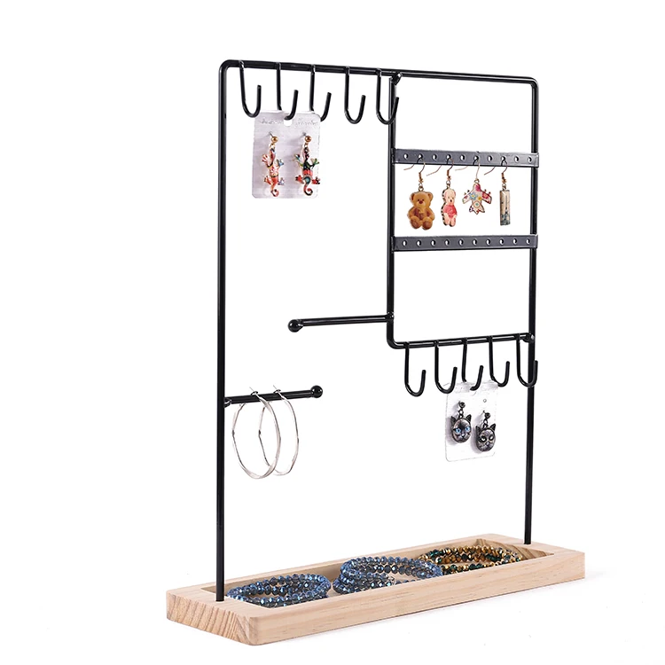 

Display Stand 2-tier 20 Holes 10 Hooks Metal With Wood Base Earring Necklace Bracelet Rings Holder Jewelry Displays For Shows, Black/white