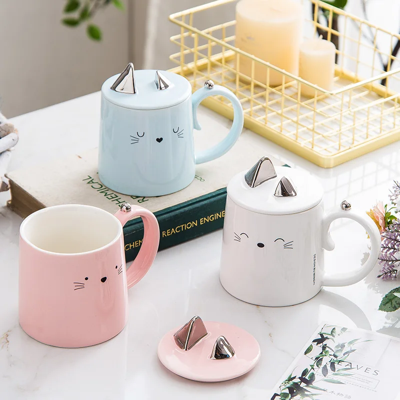 

Feiyou new wholesale Cute cartoon cat ceramic mug Creative 3D cat ear mug mobile phone holder with lid spoon mug cup tazas, As the picture show