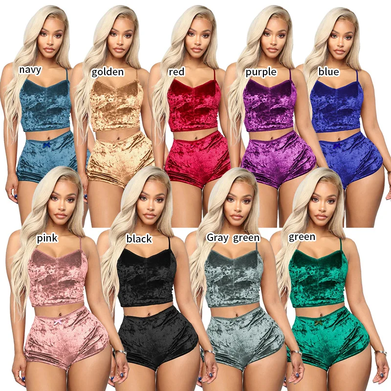 

Pajamas for Women Set Sexy Velvet Crop Top AND and Shorts Girls Sleepwears Women Two Piece Sets Nightdress