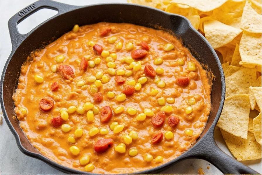 Creamy chili cream cheese dip served in cast iron skillet with tortilla chips arranged around it