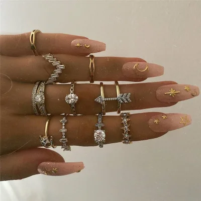 

Creative Personality Flower Arrow Ring Set Gold Plated Bohemian Diamond Rings 2020 Women's Fashion 10-piece Set for Jewelry Set